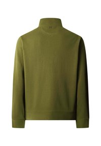 Chaqueta de pulóver verde oliva con un alto cuello, fabricada con una tela suave y ligera. Cuenta con mangas largas y un diseño simple y minimalista.