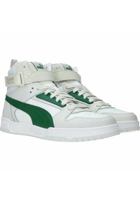 High-top sneakers featuring a white leather upper with green accents, a padded collar, and a textured side panel. Adjustable ankle strap included.
