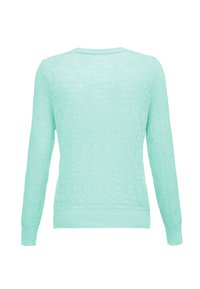 Pulover tricotat verde mentă, cu mâneci lungi, decolteu rotund și un model texturat. Viziunea din spate arată margini dantelate la tiv și la manșete.