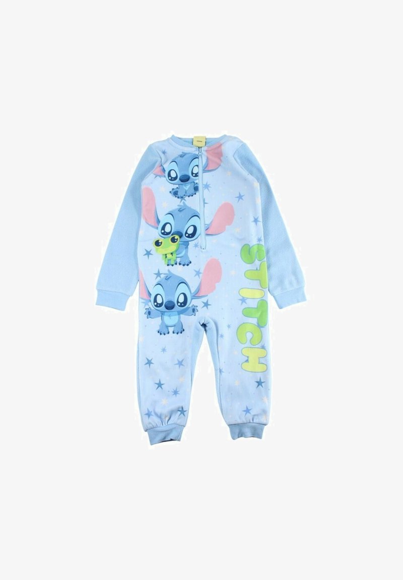 Body bleu clair orné de motifs du personnage Stitch, manches longues, fermeture éclair et motifs d'étoiles. Texte vert "STITCH" sur le côté.