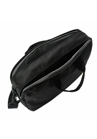 Zwarte stoffen tas met een rits, met een gestructureerde buitenkant, dubbele handvatten bovenaan en een ruime hoofdcompartiment.