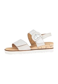 Witte sandalen met twee gestructureerde banden, verstelbare gesp, kurken wedge hak en een rubberen zool met zigzagprofiel.