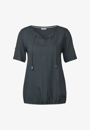 Dunkelgraues kurzärmliges Oberteil mit V-Ausschnitt und Schnürungsdetail. Hergestellt aus strukturiertem Stoff mit einem leicht elastischen Saum. Dezente, schimmernde Textur.