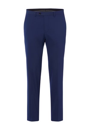 Marineblaue Slim-Fit-Hose mit Bund, Gürtelschlaufen, Knopfverschluss und Fronttaschen, vor weißem Hintergrund dargestellt.