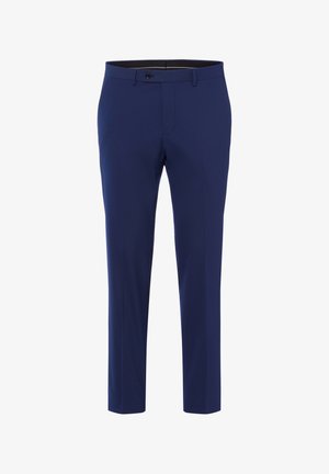 Marineblauwe slim-fit broek met tailleband, riemlussen, knoopsluiting en voorzakken, getoond tegen een witte achtergrond.