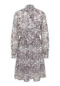 Long-sleeve, knee-length dress with abstract black and white pattern, high neckline, and tied bow detail at collar.