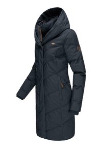 Dark grey padded coat featuring a large hood, diagonal stitching, zippered front, and brown accents on pockets and sleeve.