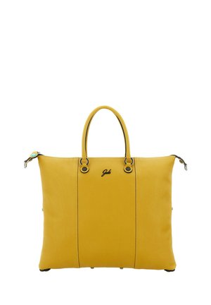 Borsa in pelle gialla con doppie maniglie, logo nero sul davanti e chiusure con cerniera su entrambi i lati.