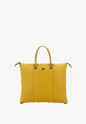 Borsa in pelle gialla con doppie maniglie, logo nero sul davanti e chiusure con cerniera su entrambi i lati.