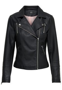 Black faux leather motorcycle jacket with asymmetrical zip, paneled shoulders, and textured accents on sleeves. Lined interior.