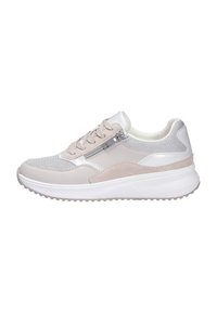 Sporty sneaker featuring a light beige mesh upper, suede accents, metallic details, and a white rubber sole with textured grip.