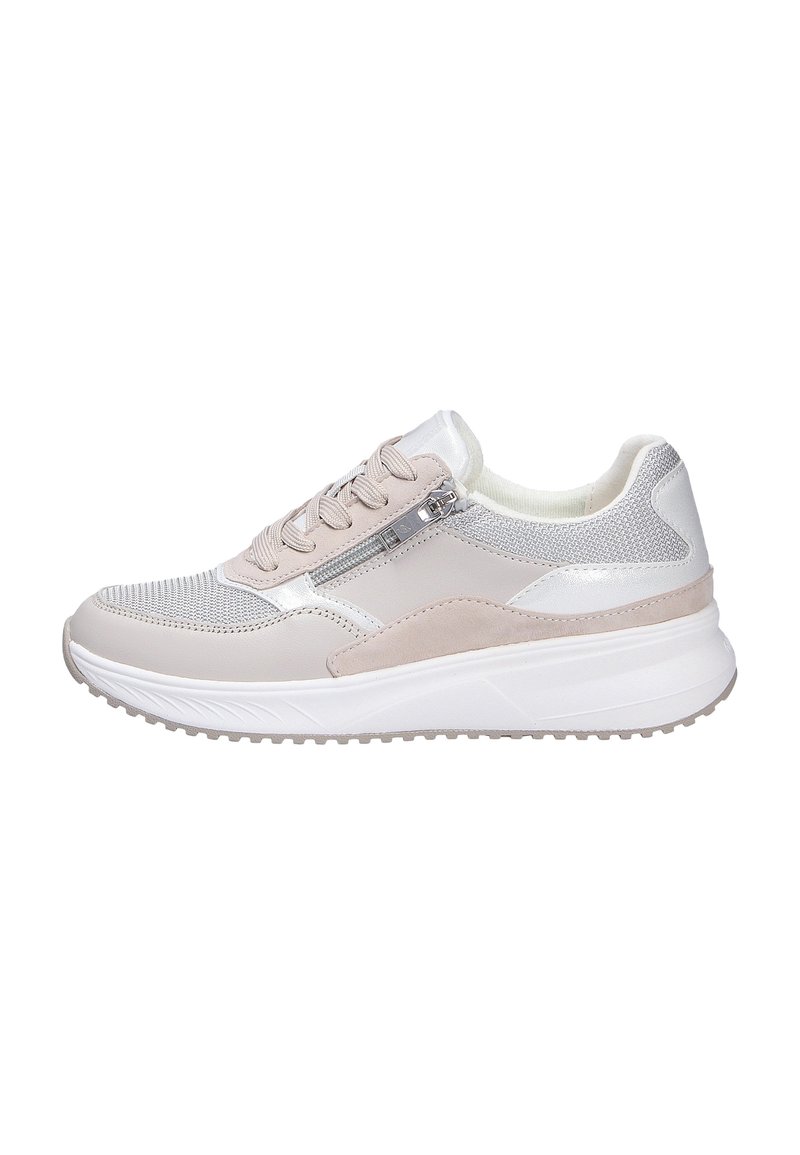 Sporty sneaker featuring a light beige mesh upper, suede accents, metallic details, and a white rubber sole with textured grip.