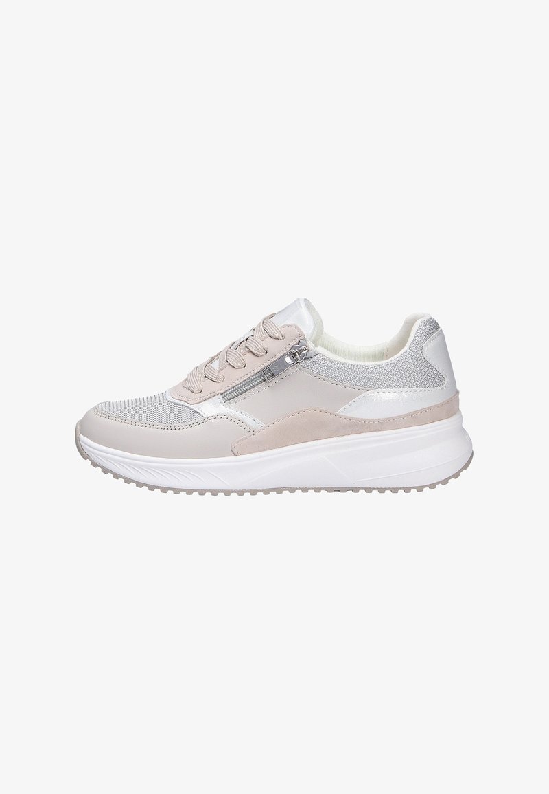 Sporty sneaker featuring a light beige mesh upper, suede accents, metallic details, and a white rubber sole with textured grip.