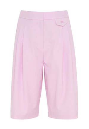 Hellrosa, hoch taillierte, maßgeschneiderte Shorts mit Falten und einer kleinen Klappentasche auf der rechten Seite.