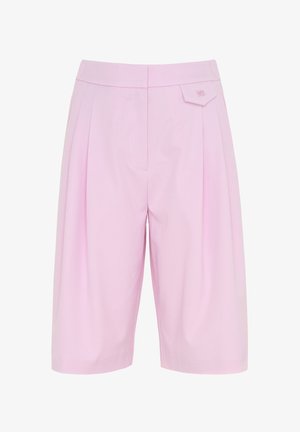 Hellrosa, hoch taillierte, maßgeschneiderte Shorts mit Falten und einer kleinen Klappentasche auf der rechten Seite.