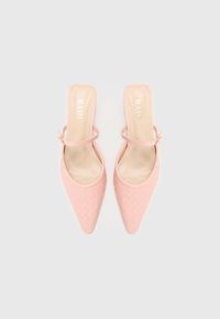 Pointed-toe pink slingback heels with textured woven pattern, smooth insoles, and an adjustable ankle strap featuring a gold buckle.