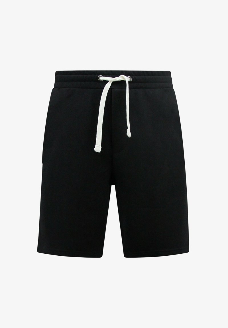 Zwarte katoen short met een elastische tailleband, witte trekkoord en zijzakken. Gladde textuur en recht gesneden ontwerp.