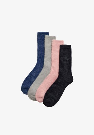 Cuatro pares de calcetines de peluche en azul oscuro, gris, rosa claro y negro, con una textura suave y peluda y un diseño de longitud de tripulación.