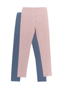 Zwei Paare Leggings: eine in sanftem Pink und die andere in Dunkelblau. Hergestellt aus glattem, dehnbarem Stoff mit einem elastischen Bund und einem schmalen Schnitt.