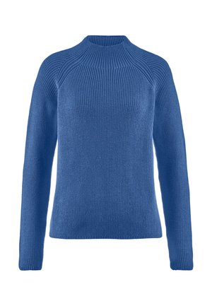 Suéter de punto azul con cuello alto, mangas largas y textura acanalada, con un cuerpo ajustado y un ajuste relajado en el dobladillo.