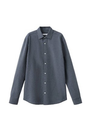 Laivastonsininen pitkähihainen nappisuljettava paita, jossa on pieni valkoinen ruutukuviointi ja klassinen kaulus.