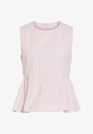 Różowa bluzka bez rękawów z pionowymi plisami z przodu i delikatnym rozszerzeniem peplum w talii, z zapięciem na zamek z tyłu.