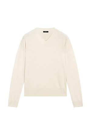 V-hals trui in off-white, met ribbenmanchetten en -zoom. Zachte textuur, lange mouwen en een ontspannen pasvorm.
