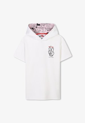 T-shirt bianco con cappuccio realizzato in cotone, caratterizzato da una grafica con il simbolo della pace sul davanti e una fodera interna del cappuccio con stampa a fumetti rosa.