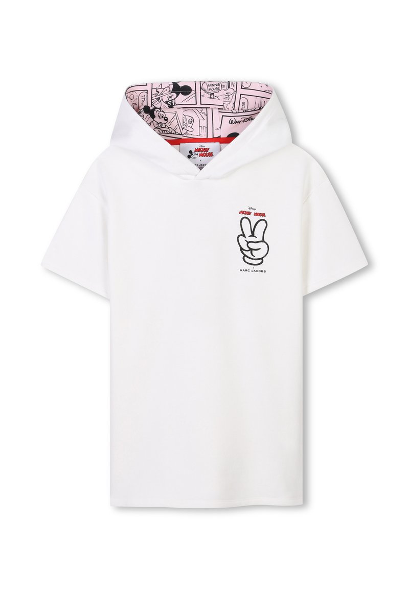 T-shirt bianco con cappuccio realizzato in cotone, caratterizzato da una grafica con il simbolo della pace sul davanti e una fodera interna del cappuccio con stampa a fumetti rosa.