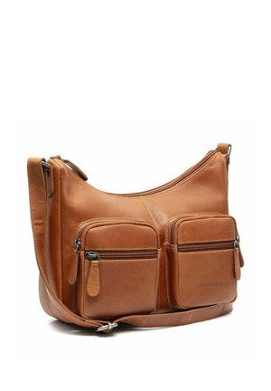 Braune Leder-Umhängetasche mit zwei vorderen Reißverschlusstaschen und verstellbarem Schultergurt.