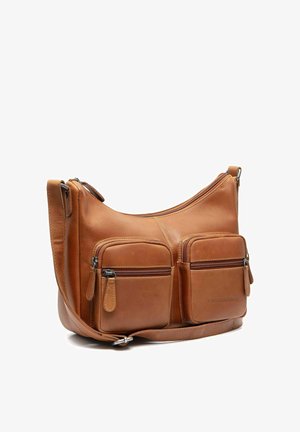 Bruine leren crossbodytas met twee voorvakken met rits en een verstelbare schouderriem.