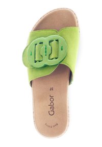 Groene suède schuifsandaal met een grote groene gesp, gevoerde binnenzool en kurkachtige zool. Beschikt over een reliëf merknaam op de voetbed.
