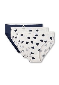 Drei Damen-Slips: ein marineblauer, zwei weiße mit schwarzen Herzen, elastischer Bund, weicher Stoff, klassischer Schnitt, kontrastierende Nähte.