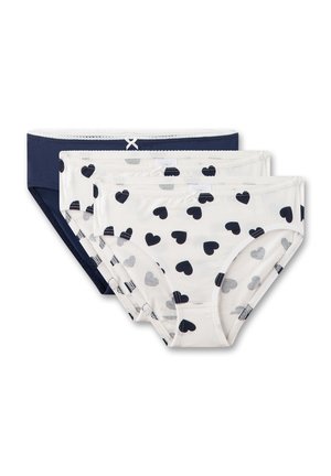 Drei Damen-Slips: ein marineblauer, zwei weiße mit schwarzen Herzen, elastischer Bund, weicher Stoff, klassischer Schnitt, kontrastierende Nähte.