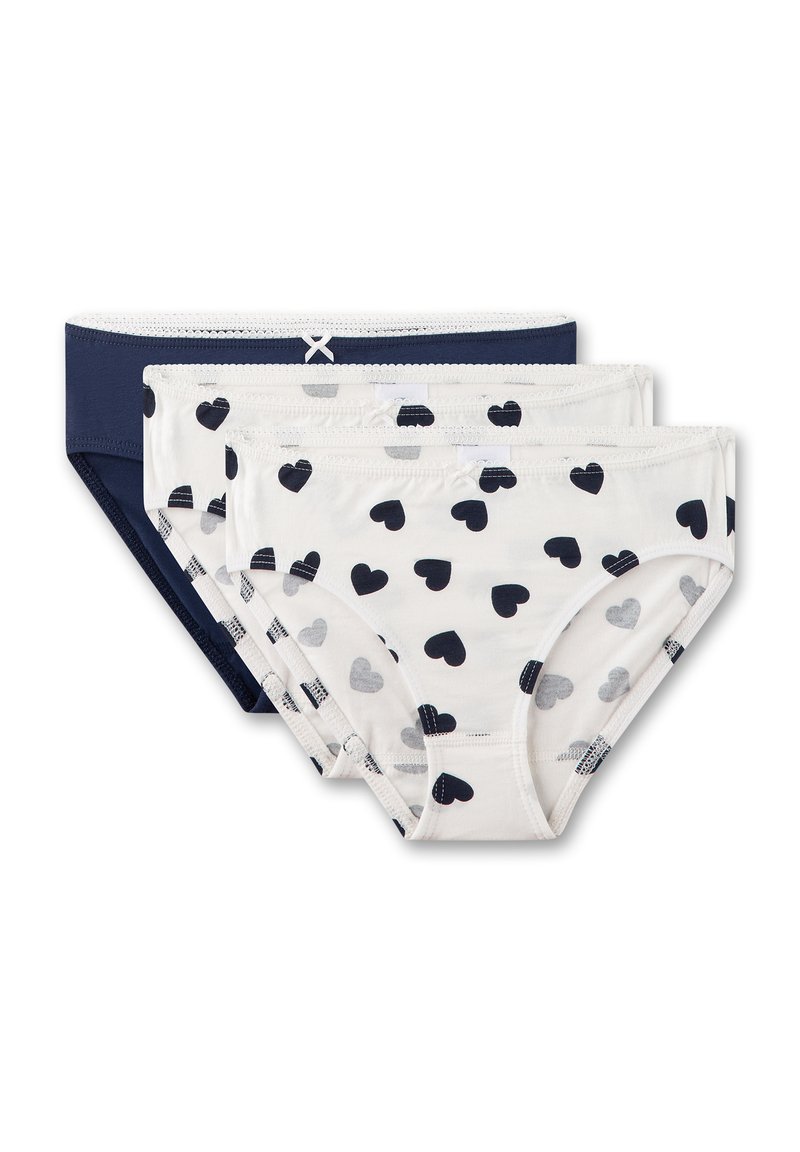 Drei Damen-Slips: ein marineblauer, zwei weiße mit schwarzen Herzen, elastischer Bund, weicher Stoff, klassischer Schnitt, kontrastierende Nähte.