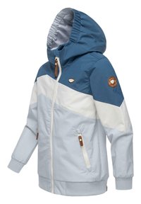 Light blue and white jacket with a hood, featuring a geometric color block design, front zipper, and brown leather accents on the sleeves.