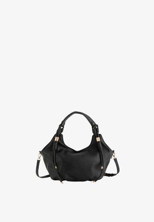 Schwarze Lederhandtasche mit doppelten Griffen, goldfarbenen Beschlägen und abnehmbarem Schultergurt, dargestellt vor einem schlichten weißen Hintergrund.