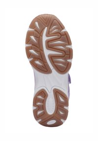 Schuhsohle mit einer strukturierten braunen Gummilaufsohle, weißer Zwischensohle und einem konturierten Design mit gerillten Grip-Mustern.