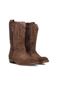 Brown suede cowboy boots featuring intricate stitched leaf patterns, a rounded toe, contrasting stitching, and a low stacked heel.