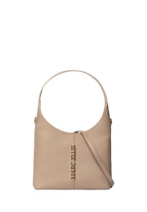 Beige leren handtas met korte en lange banden, met goudkleurige "MARC ELLIS" letters op het midden van de voorkant.