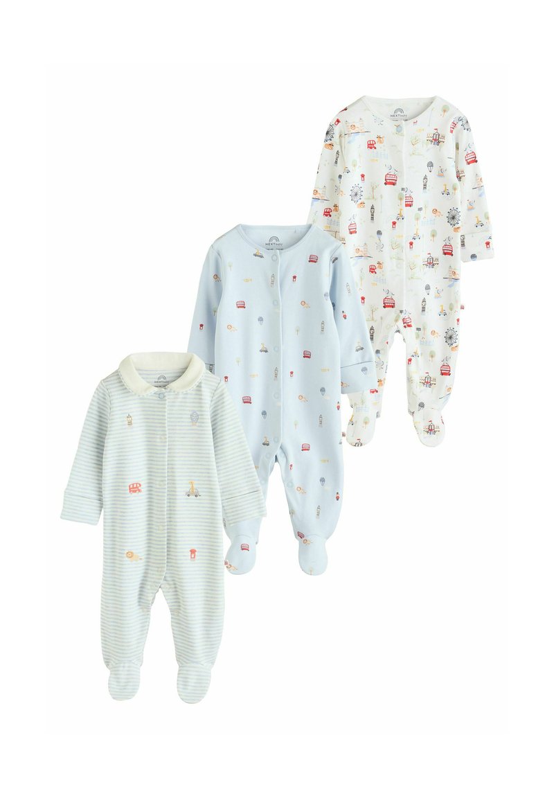 Tres bodies de bebé: uno a rayas en azul claro y blanco, uno azul claro sólido y uno blanco con patrones coloridos. Todos cuentan con diseño de pies.