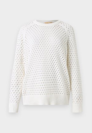 Pull en maille blanc avec un col rond et des manches longues, présentant un motif de trous ajourés en forme de losange sur l'ensemble.