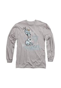 Gray long-sleeve t-shirt featuring a cartoon snowman character with a carrot nose and text “Trying to keep it together” in blue.