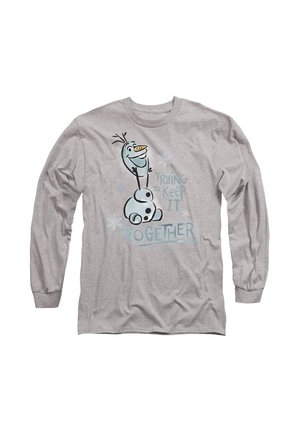 Gray long-sleeve t-shirt featuring a cartoon snowman character with a carrot nose and text “Trying to keep it together” in blue.