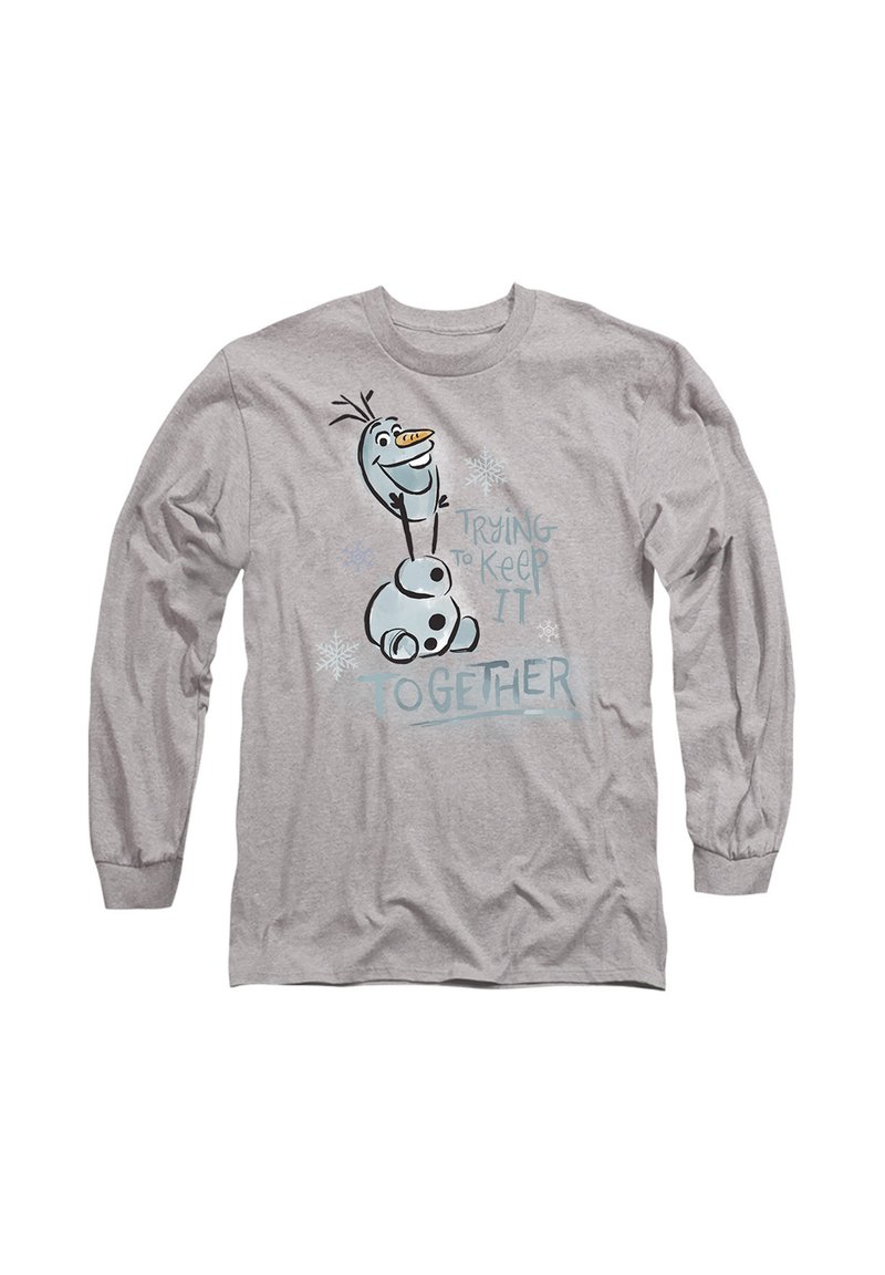 Gray long-sleeve t-shirt featuring a cartoon snowman character with a carrot nose and text “Trying to keep it together” in blue.