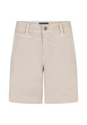 Beige højtaljede shorts med knap foran, bæltestropper, forlommer og subtile sømdetaljer, mærket "Red Buffalo".
