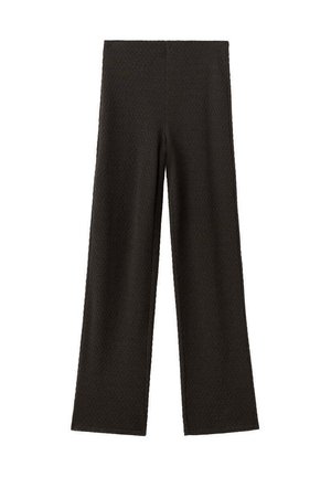 Pantalon noir à jambes larges avec une taille haute et un tissu doux texturé, présenté à plat sur fond blanc.