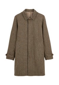 Manteau à carreaux marron et beige, longueur genoux, avec un col, des poches latérales et des poignets boutonnés. Tissu texturé avec un motif classique.