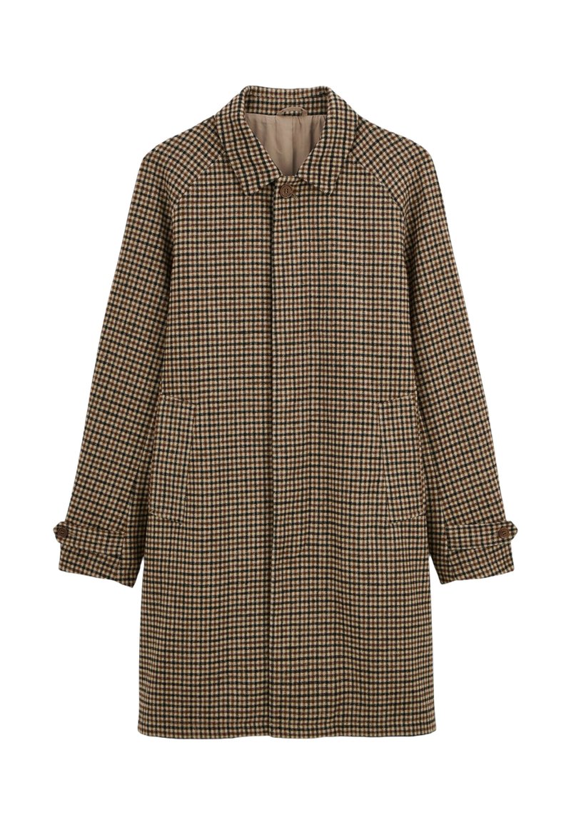 Manteau à carreaux marron et beige, longueur genoux, avec un col, des poches latérales et des poignets boutonnés. Tissu texturé avec un motif classique.