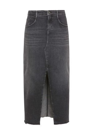 Dark gray denim skirt with a straight cut, mid-length, featuring a front slit and frayed hem. Five-pocket design with a button closure.
